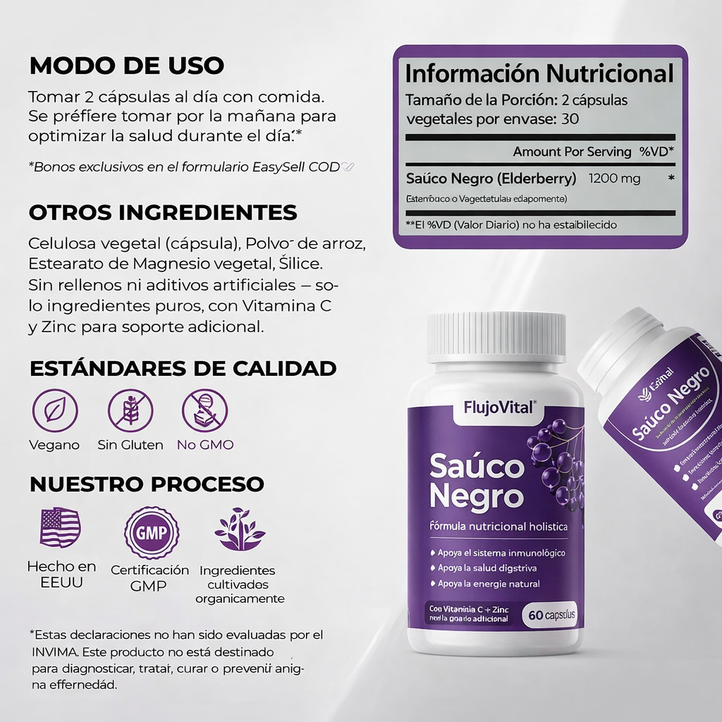 Complejo de apoyo intestinal con saúco, zinc y vitamina C - Flujo Vital